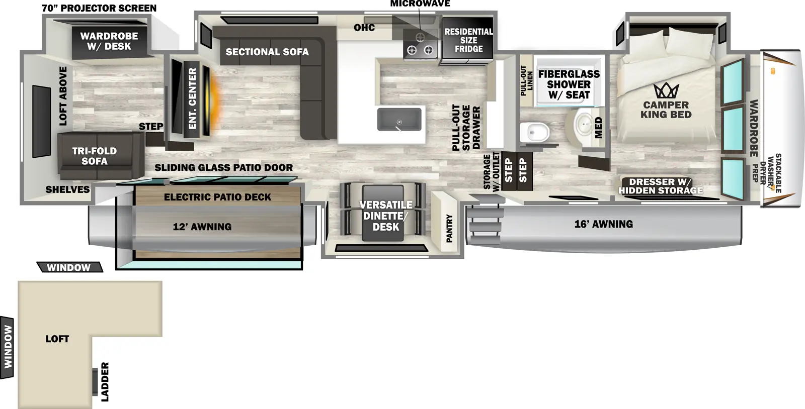 The Sabre 37RVMILES floorplan has one entry and four slide outs. Exterior features include: fiberglass exterior and 12' & 16' awning. Interiors features include: front bedroom.